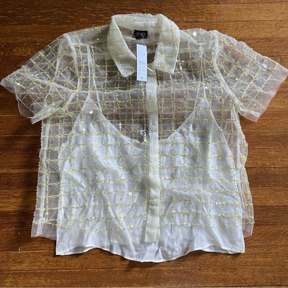 NWT Collection cropped gamine shirt with patterned sequins - Picture 6 of 12
